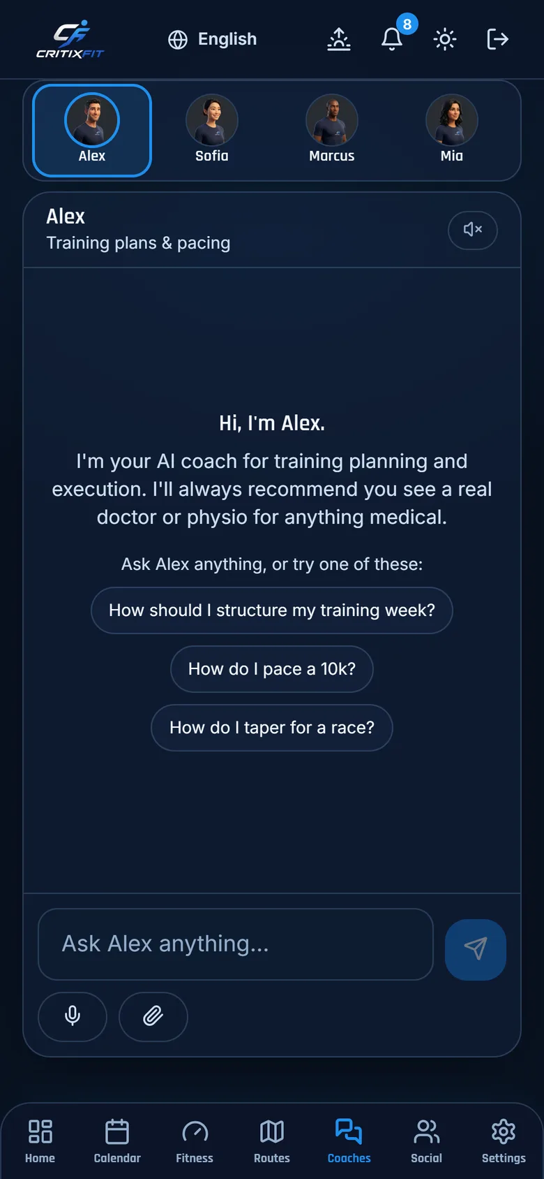 Chatting with Alex in the CritixFit app