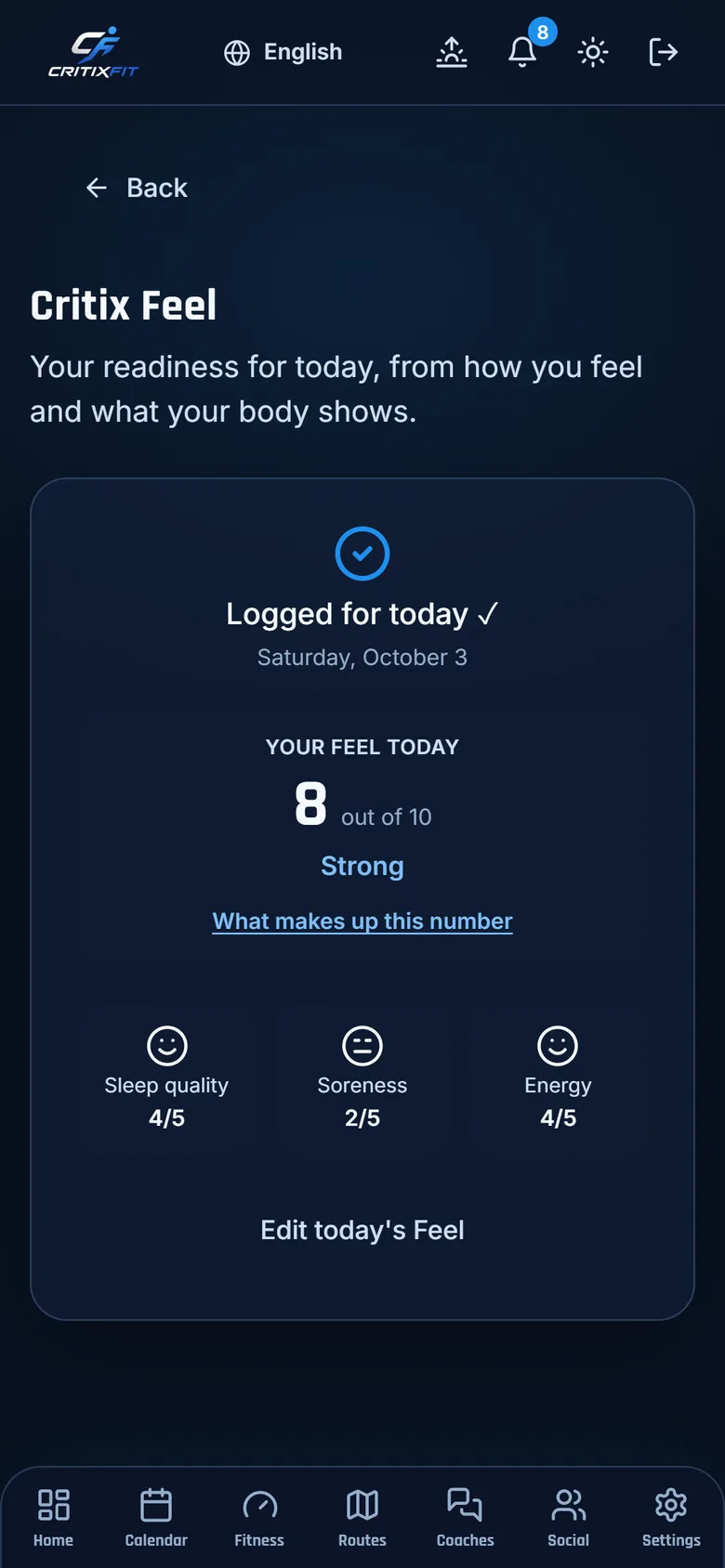 The morning check-in in the CritixFit app