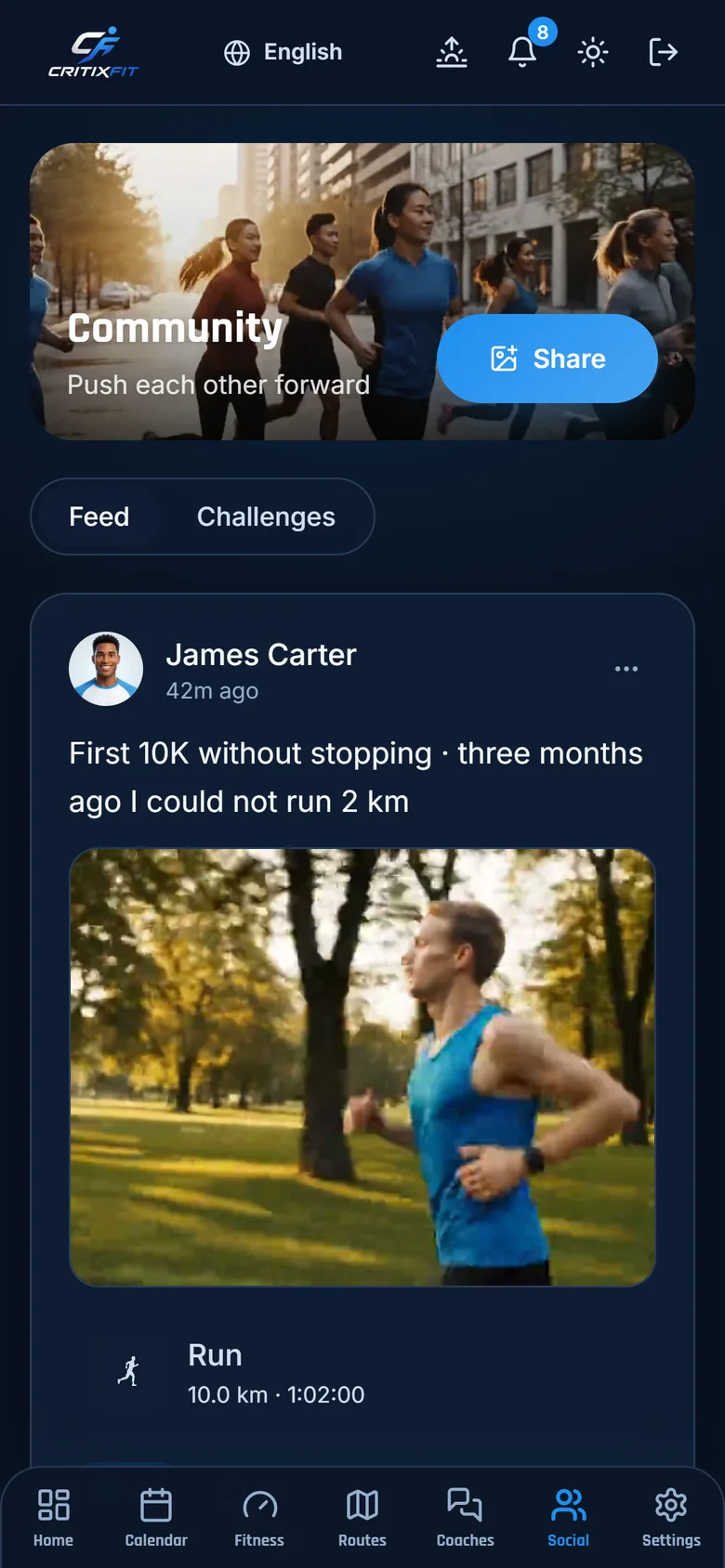 The CritixFit community feed with challenges