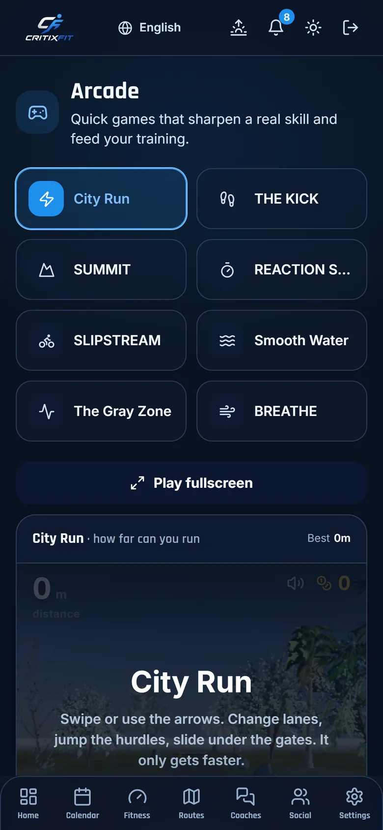The arcade of training games in the CritixFit app