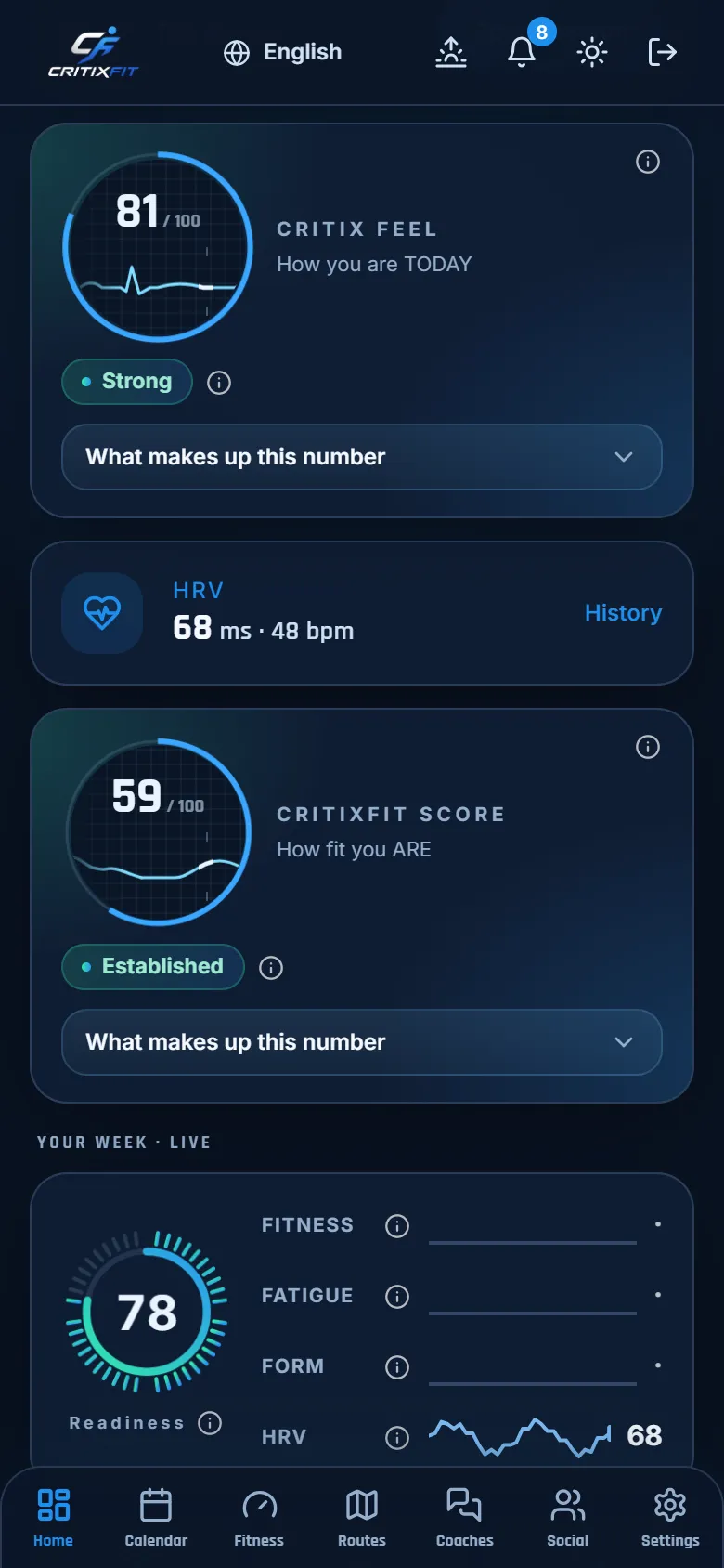 The app after a good night: Feel 81, readiness 78, HRV 68