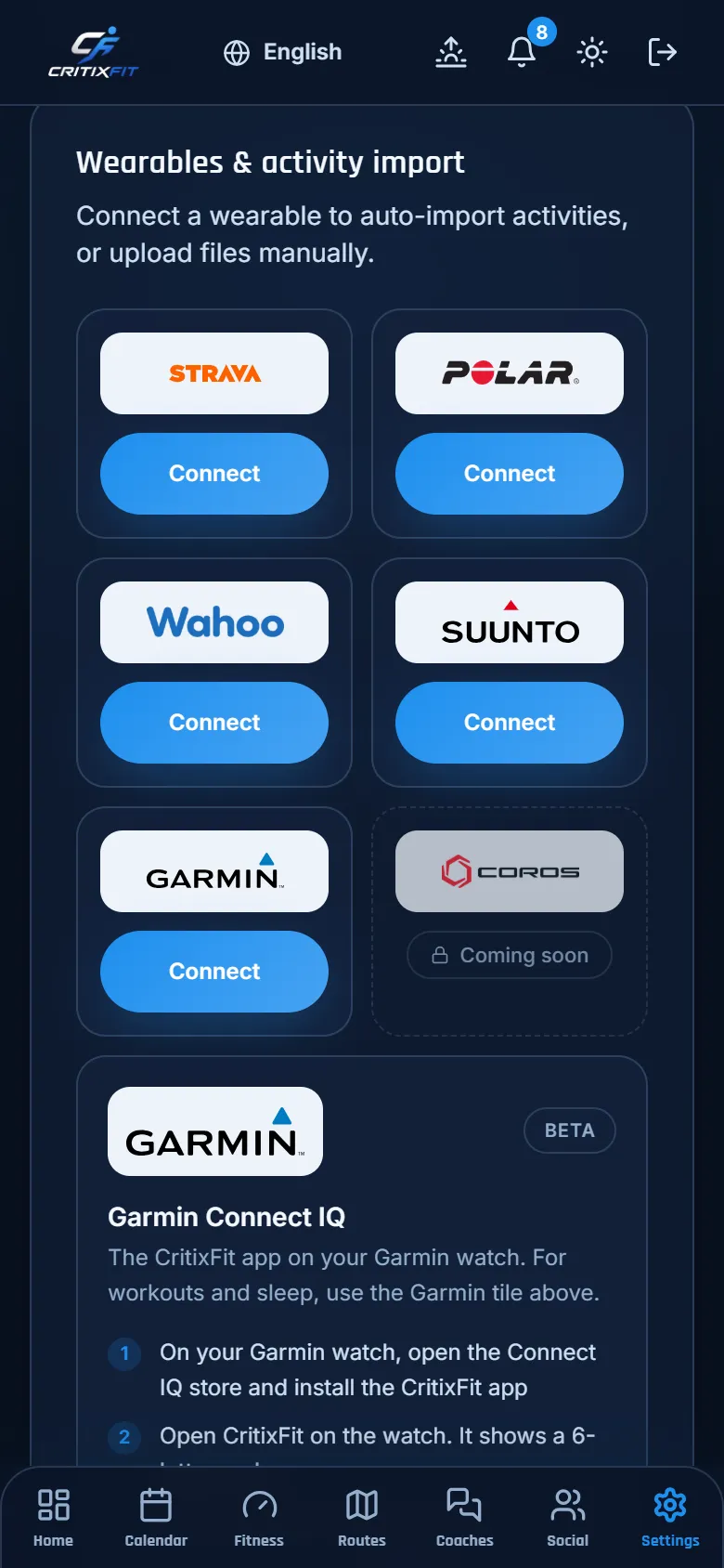The watch connections screen in the CritixFit app